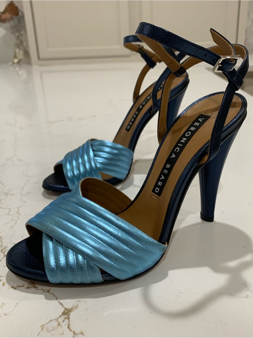 Veronica Beard Olympia Blue Metallic Quarter Strappy High Heel Sandals Size 36.5